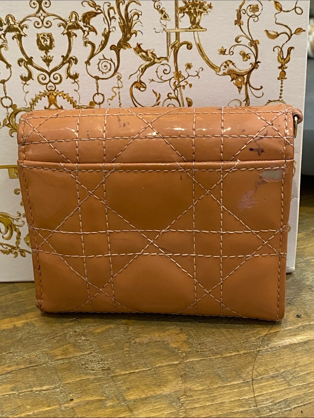 Lady Dior Lotus Quilted Patent Leather Cannage Wallet in Peachy Pink - Picture 10 of 13